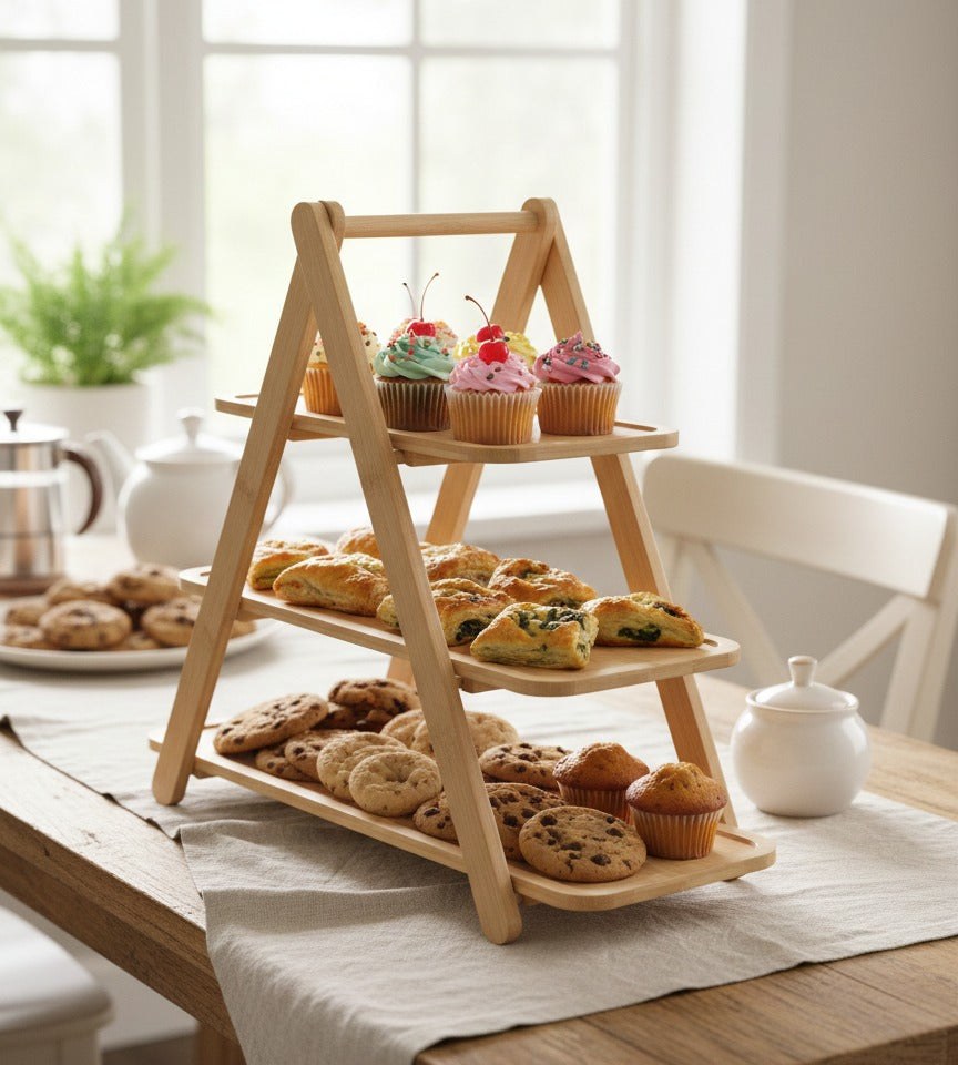 3-Tier Bamboo Serving Stand – A-Frame Tiered Cupcake & Fruit Display image 2