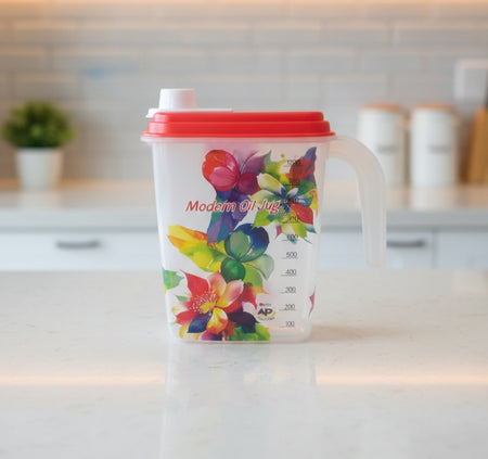 1000ml Modern Floral Oil Dispenser Jug – Leak-Proof Plastic Cooking Oil Container with Measurement Scale & Easy-Pour Spout image 3
