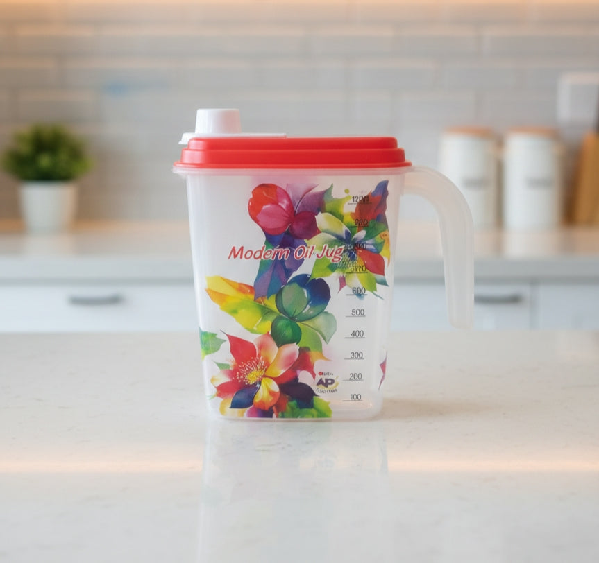 1000ml Modern Floral Oil Dispenser Jug – Leak-Proof Plastic Cooking Oil Container with Measurement Scale & Easy-Pour Spout image 3