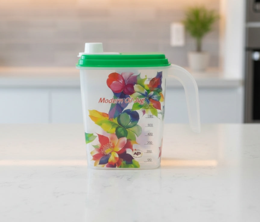 1000ml Modern Floral Oil Dispenser Jug – Leak-Proof Plastic Cooking Oil Container with Measurement Scale & Easy-Pour Spout image 2