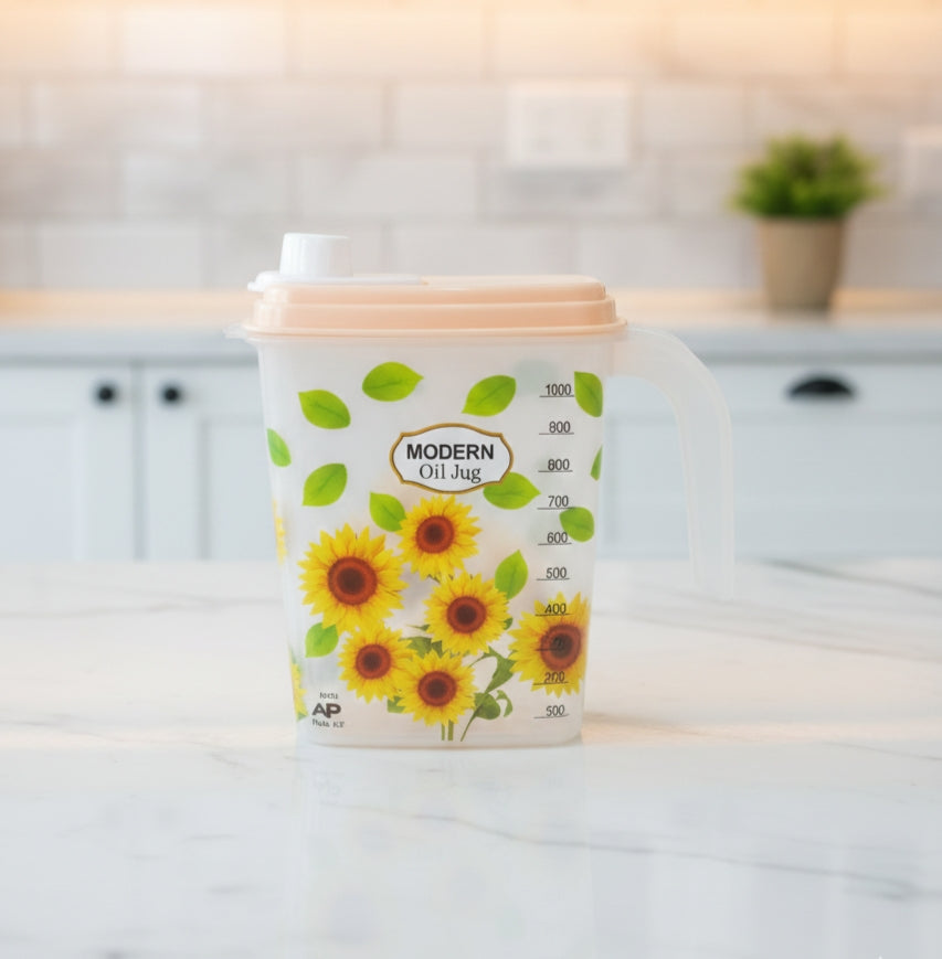 1000ml Modern Floral Oil Dispenser Jug – Leak-Proof Plastic Cooking Oil Container with Measurement Scale & Easy-Pour Spout image 4