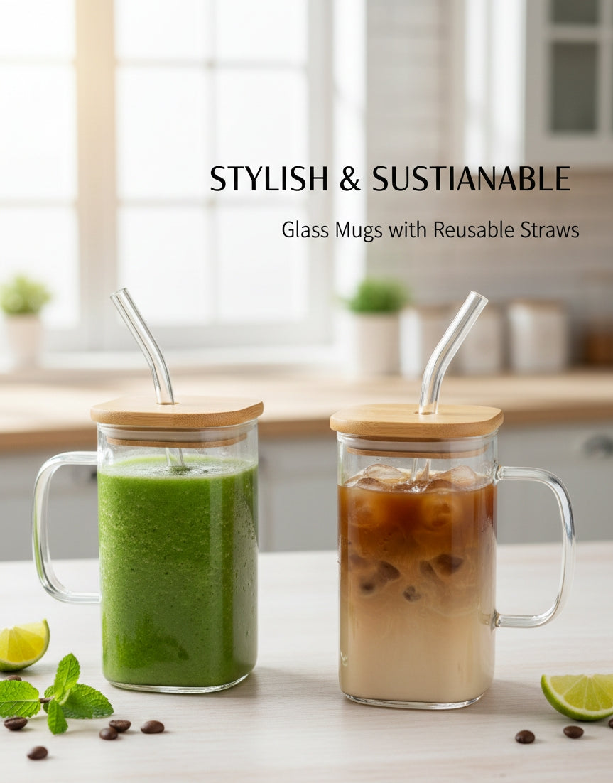 Premium Square Glass Mugs with Bamboo Lids & Reusable Glass Straws – 16oz Eco-Friendly Iced Coffee Cups image 2
