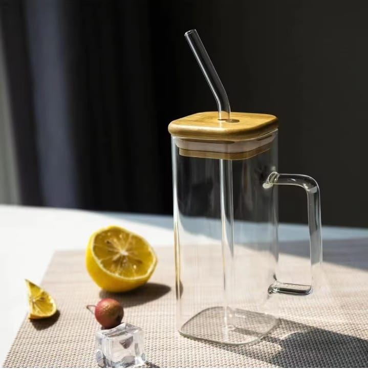 Premium Square Glass Mugs with Bamboo Lids & Reusable Glass Straws – 16oz Eco-Friendly Iced Coffee Cups main image