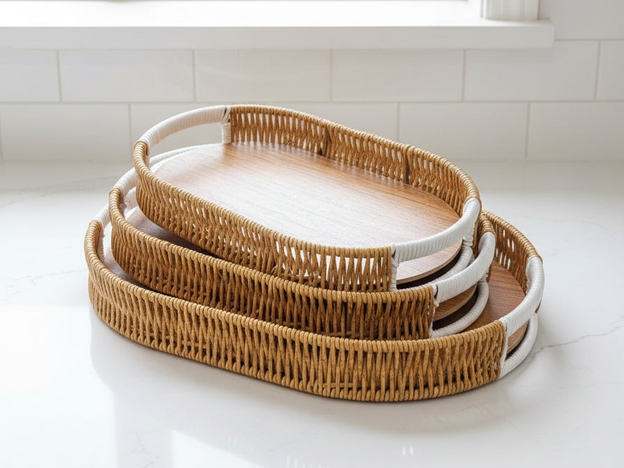 Coastal Chic Woven Nesting Baskets – Set of 3 Multi-Shape Decorative Trays image 2