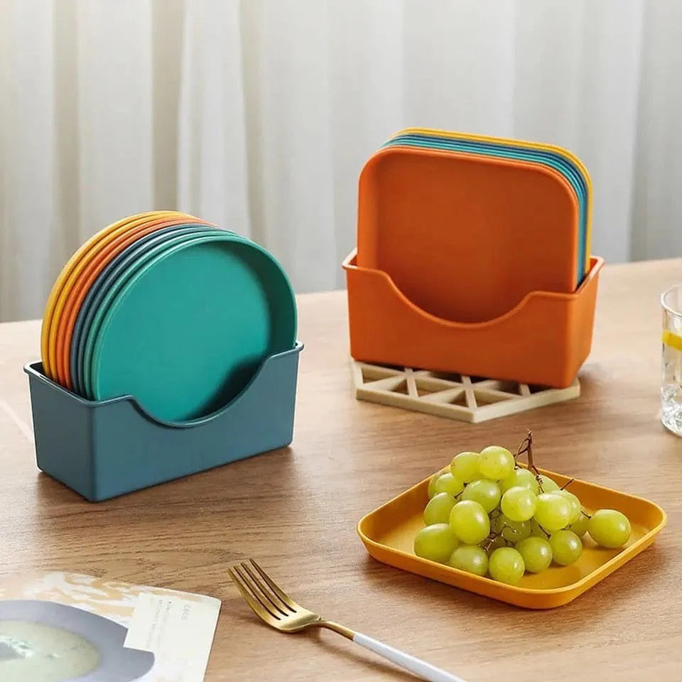 Premium Multi-Color Snack Plate Set – 8 or 10 Piece Square , Round and Heart Options with Storage Caddy main image