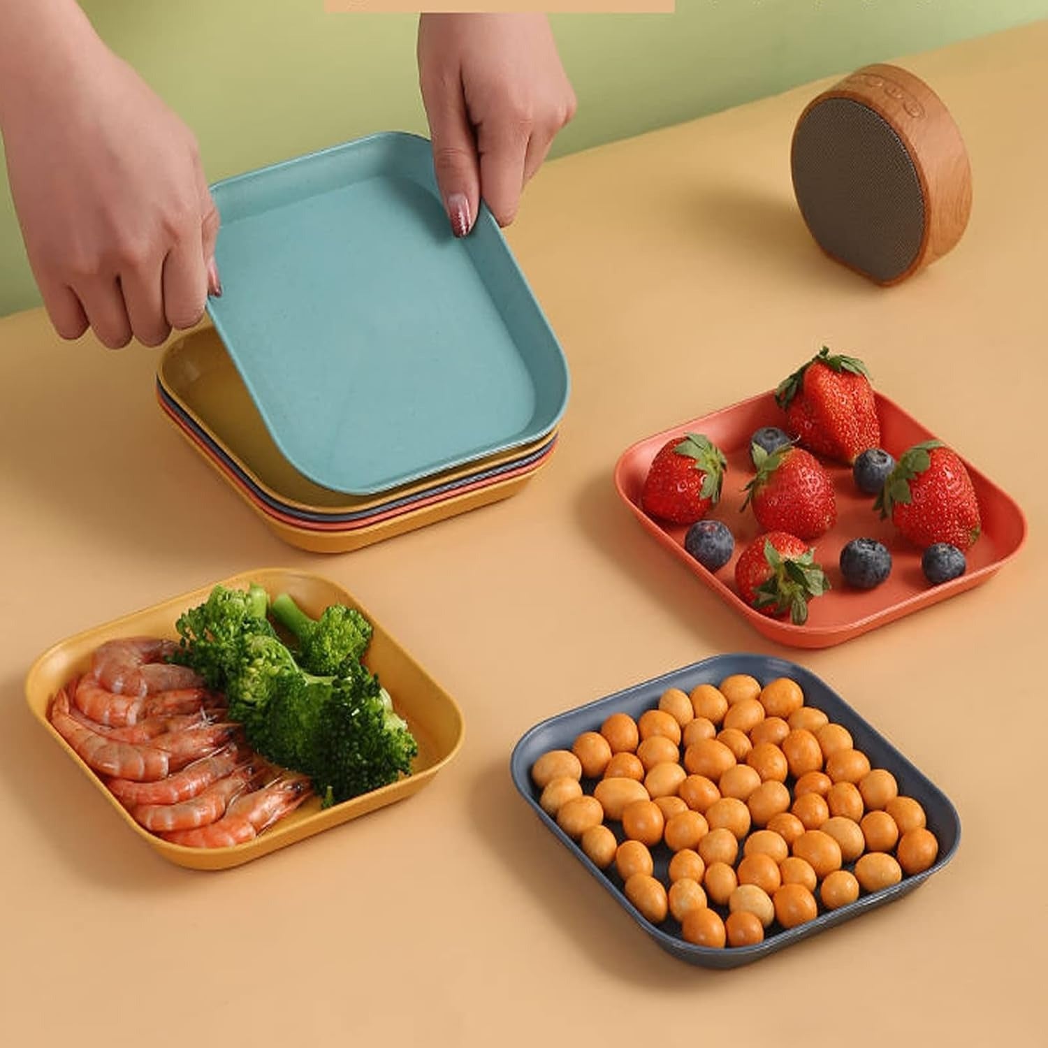 Premium Multi-Color Snack Plate Set – 8 or 10 Piece Square , Round and Heart Options with Storage Caddy image 2