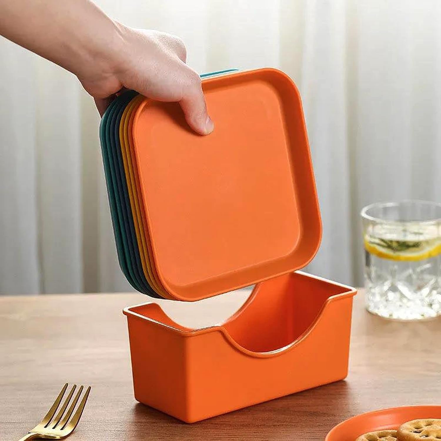 Premium Multi-Color Snack Plate Set – 8 or 10 Piece Square , Round and Heart Options with Storage Caddy image 3