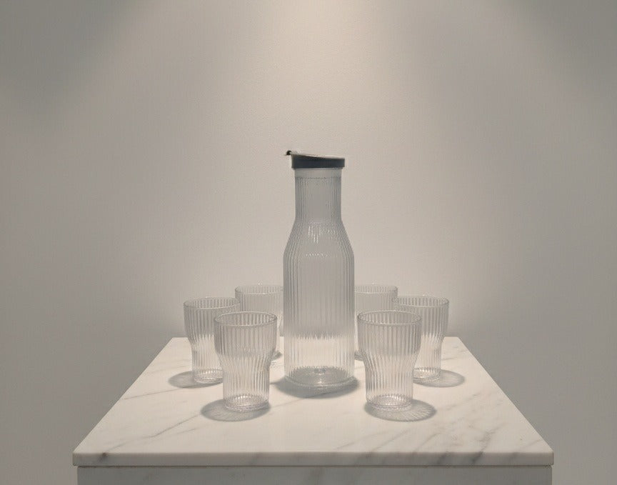 7-Piece Modern Ribbed Glass Carafe and Tumbler Set – Minimalist Water Pitcher & Drinkware image 2