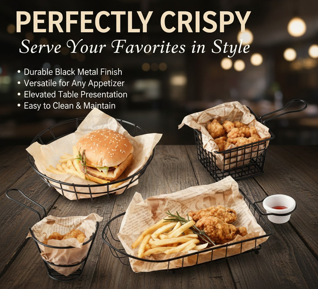 Professional Black Metal Appetizer & Fries Serving Baskets – 5 Unique Geometric Shapes main image