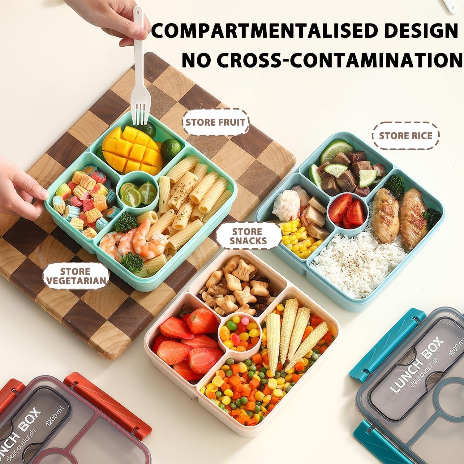 Bento Box Lunch Boxes, 1200ML Stackable with 4 Compartments for Kids Adults, Lunchbox, Divided Food Storage Containers for School Work Travel image 5