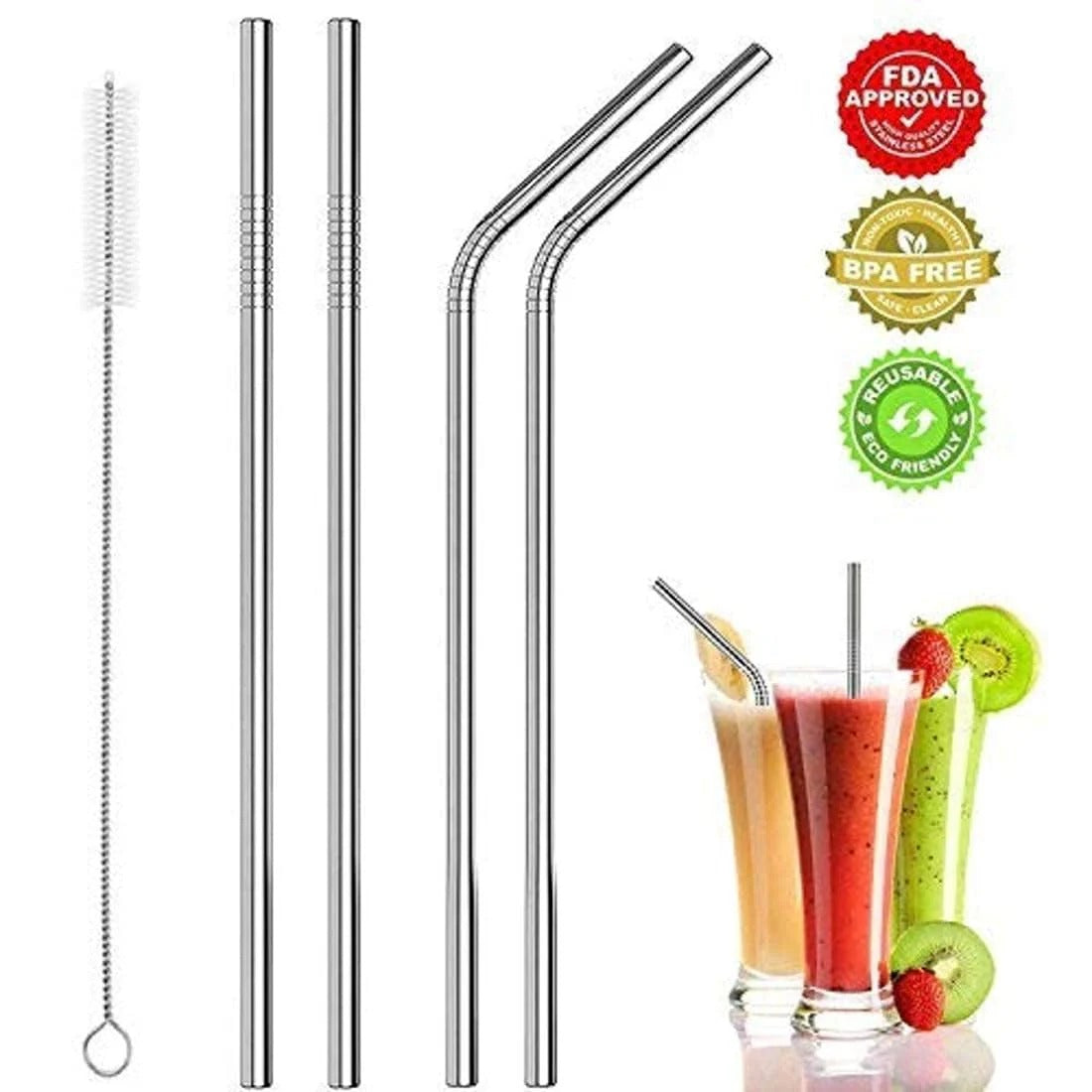 Eco-Friendly Reusable Stainless Steel Drinking Straw Set (4 Straws + 1 Cleaning Brush) main image