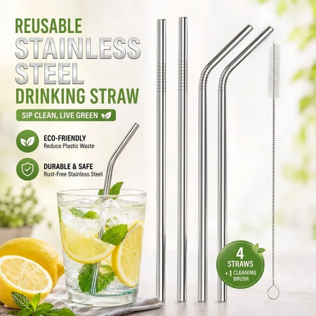 Eco-Friendly Reusable Stainless Steel Drinking Straw Set (4 Straws + 1 Cleaning Brush) image 4