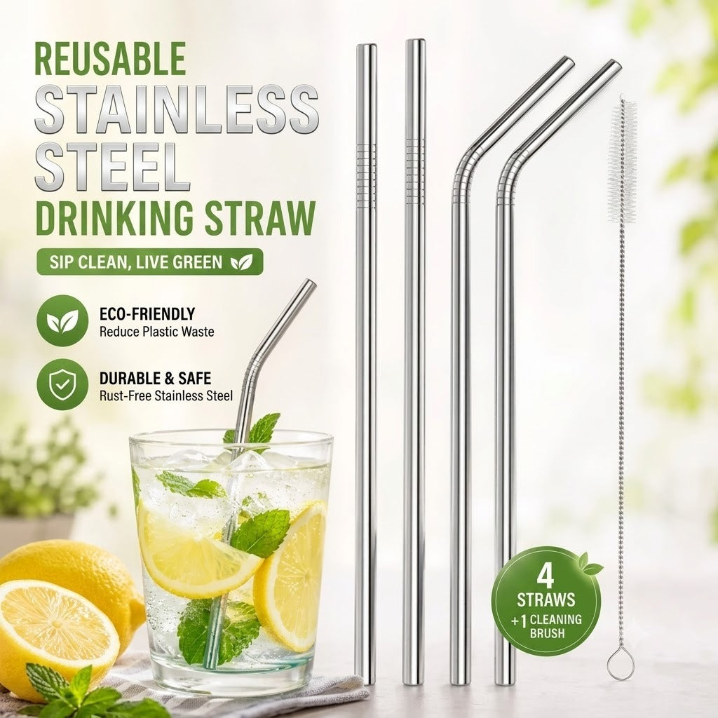 Eco-Friendly Reusable Stainless Steel Drinking Straw Set (4 Straws + 1 Cleaning Brush) image 4