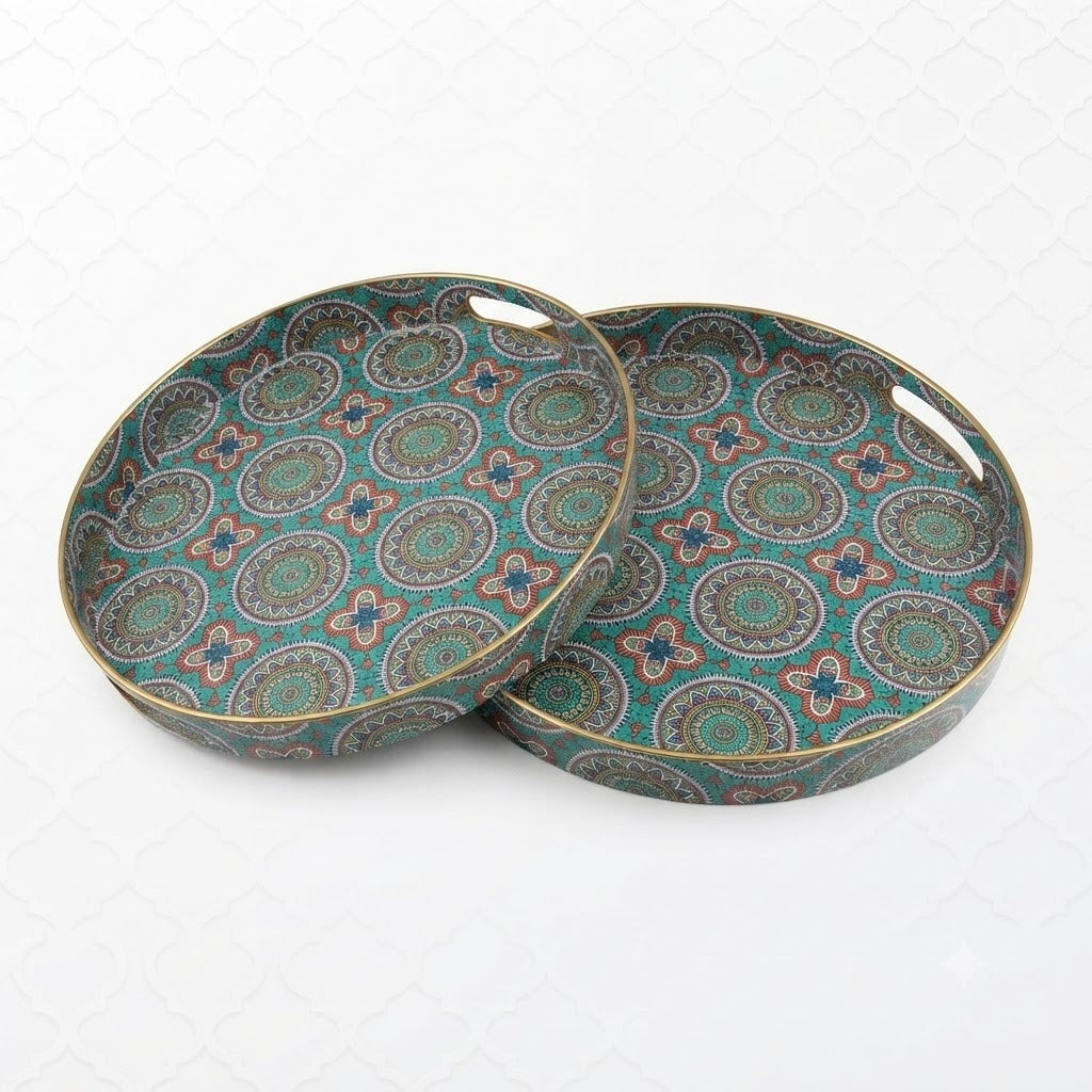 Decorative Serving Tray Set – 2-Piece Round Nesting Trays with Mandala Print main image