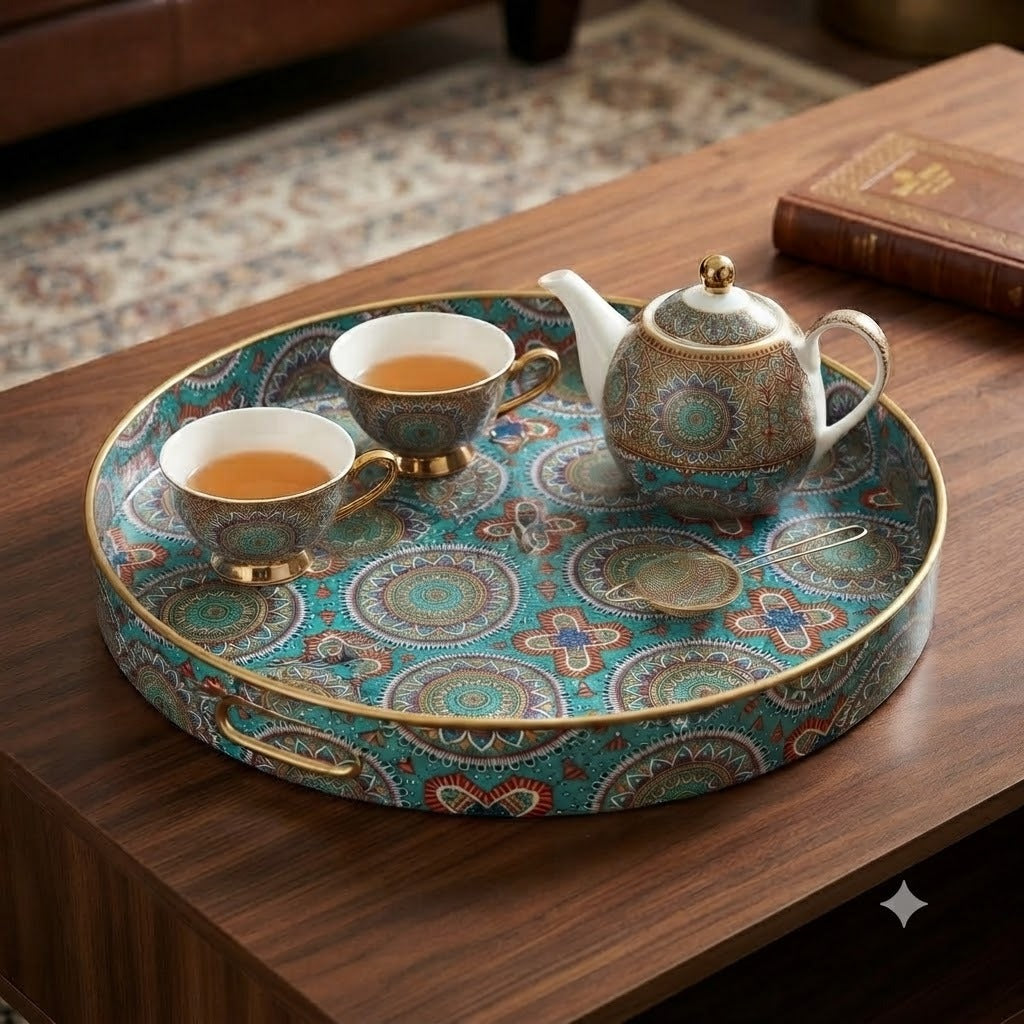 Decorative Serving Tray Set – 2-Piece Round Nesting Trays with Mandala Print image 3