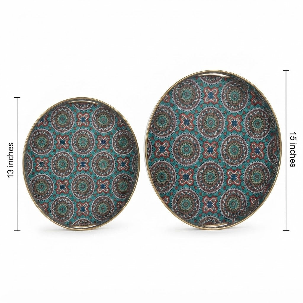Decorative Serving Tray Set – 2-Piece Round Nesting Trays with Mandala Print image 2