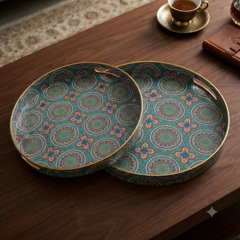 Decorative Serving Tray Set – 2-Piece Round Nesting Trays with Mandala Print image 4