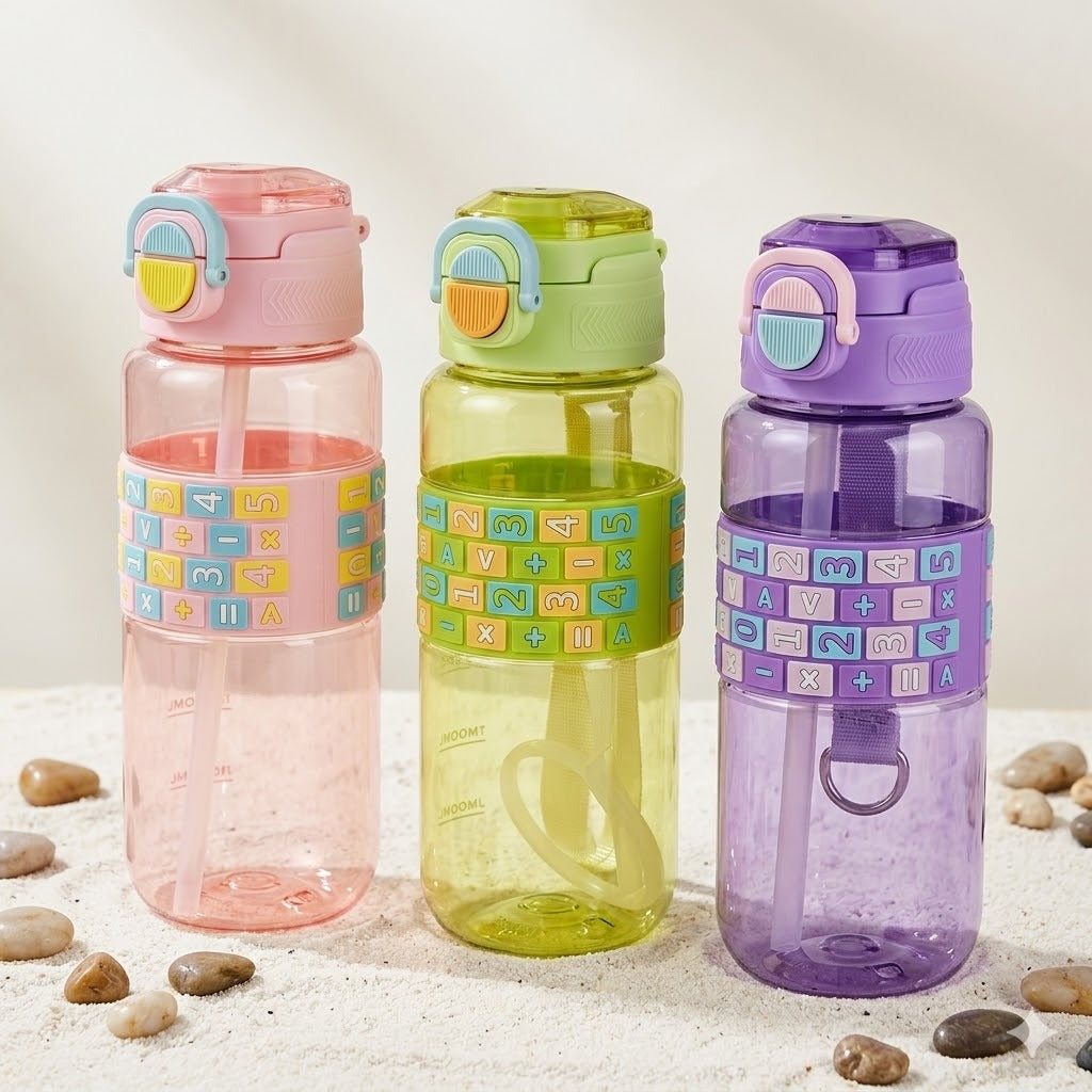 Kids’ Educational Math Pattern Water Bottle with Straw & Carry Strap – 600ml image 3