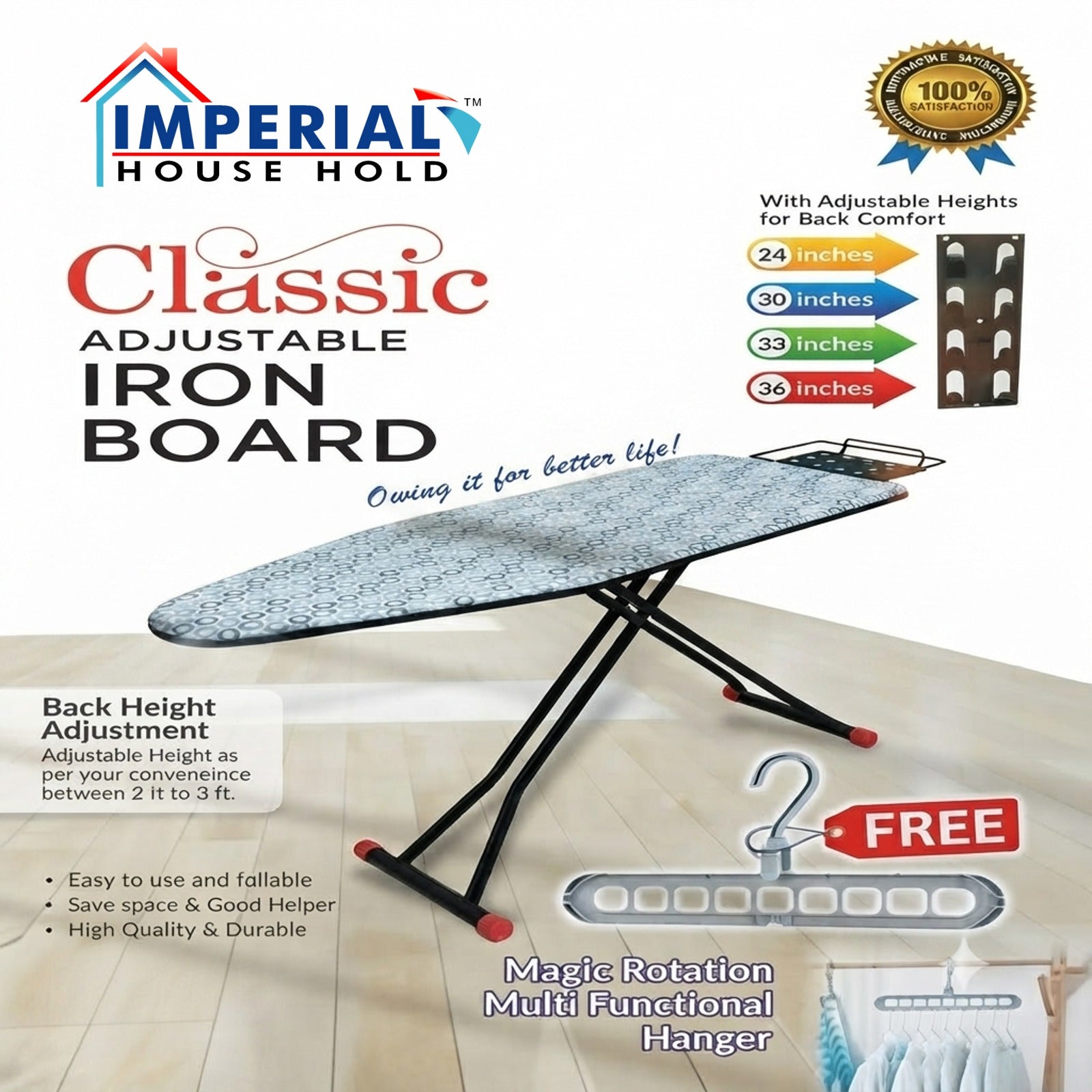 Classic Foldable Adjustable Ironing Board with Free Multi-Functional Magic Hanger main image