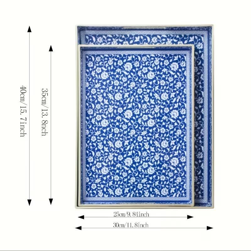 2-Piece Decorative Serving Tray Set – Elegant Blue & White Floral Pattern with Gold Trim image 2