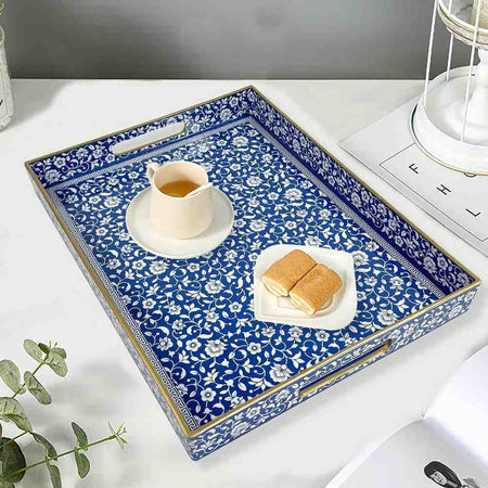 2-Piece Decorative Serving Tray Set – Elegant Blue & White Floral Pattern with Gold Trim main image