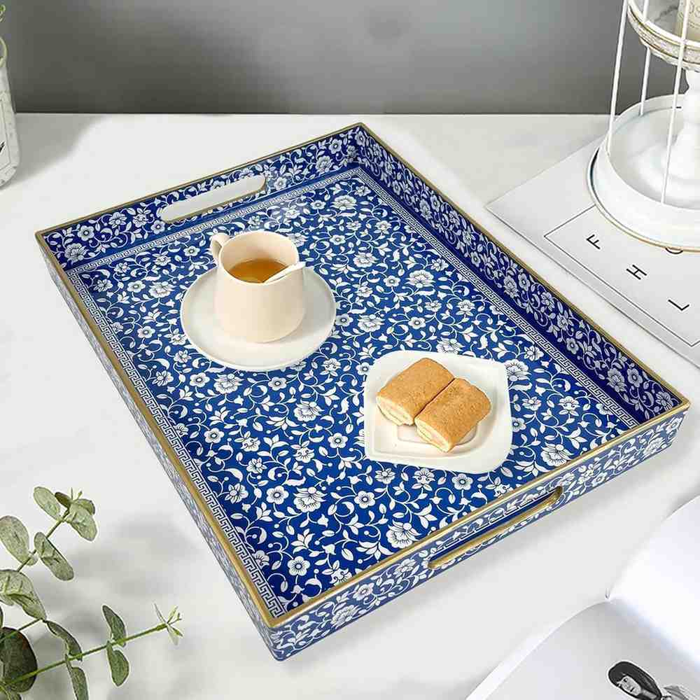 2-Piece Decorative Serving Tray Set – Elegant Blue & White Floral Pattern with Gold Trim main image