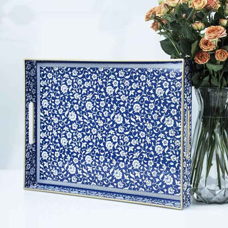 2-Piece Decorative Serving Tray Set – Elegant Blue & White Floral Pattern with Gold Trim image 7
