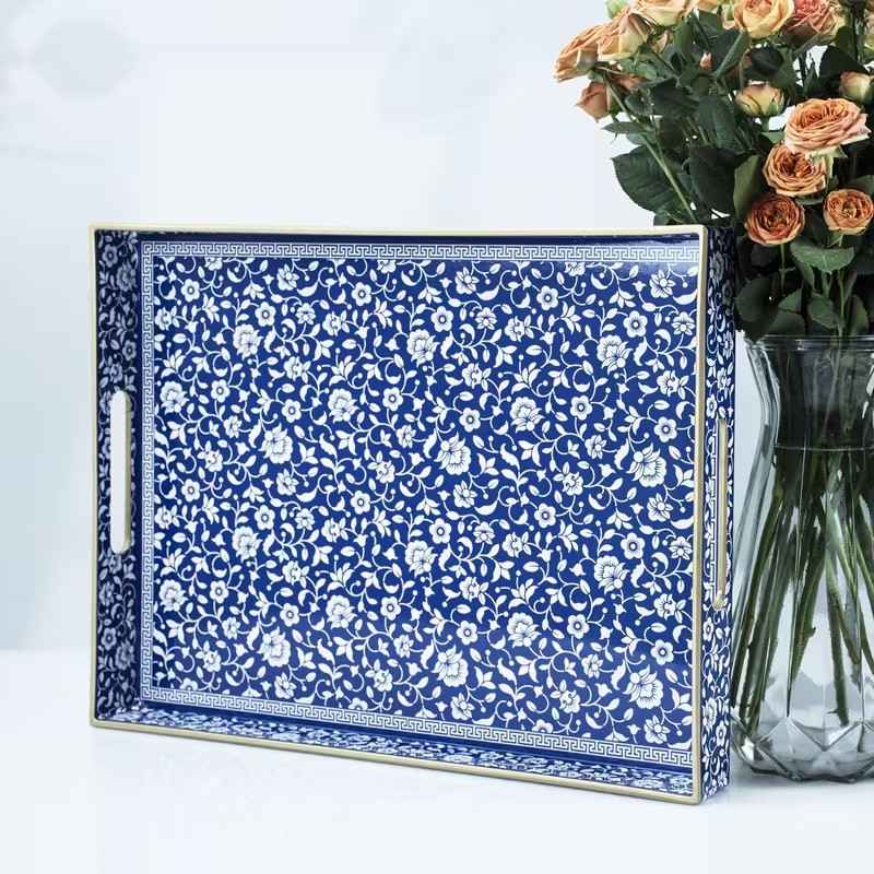 2-Piece Decorative Serving Tray Set – Elegant Blue & White Floral Pattern with Gold Trim image 7