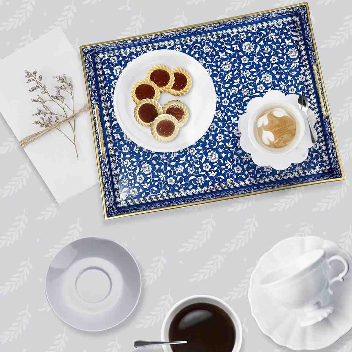 2-Piece Decorative Serving Tray Set – Elegant Blue & White Floral Pattern with Gold Trim image 3