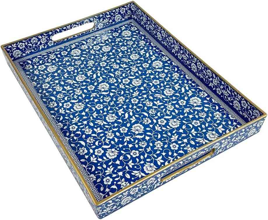 2-Piece Decorative Serving Tray Set – Elegant Blue & White Floral Pattern with Gold Trim image 4