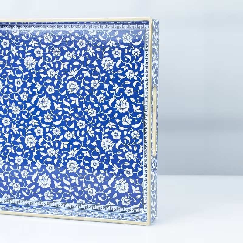 2-Piece Decorative Serving Tray Set – Elegant Blue & White Floral Pattern with Gold Trim image 6