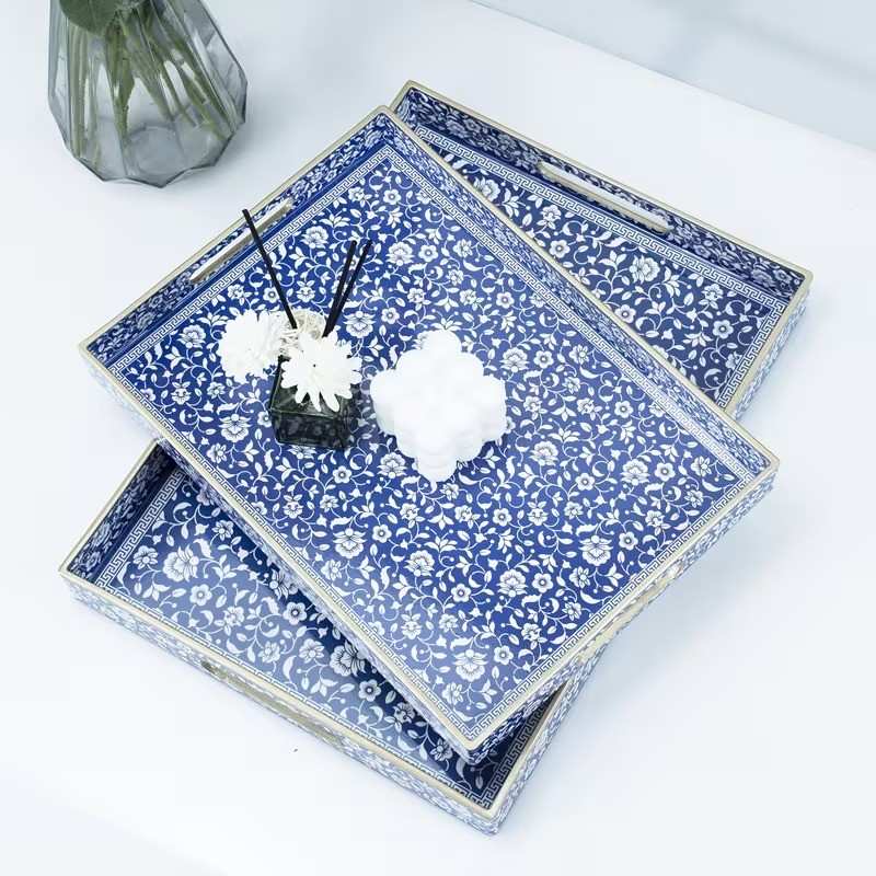 2-Piece Decorative Serving Tray Set – Elegant Blue & White Floral Pattern with Gold Trim image 5