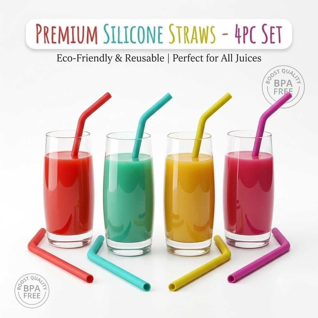 Premium Reusable Silicone Drinking Straws – BPA-Free, Flexible & Dishwasher Safe (Set of 4) image 2