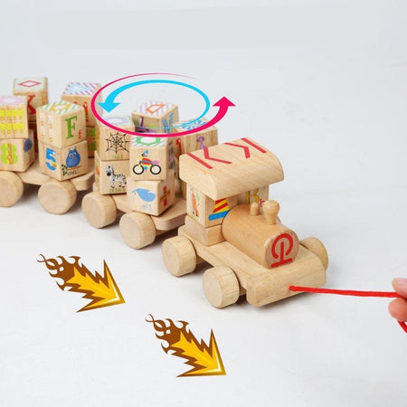 Wooden Train Building Blocks Set Wooden Stacking Alphabet Blocks Push and Pull Train