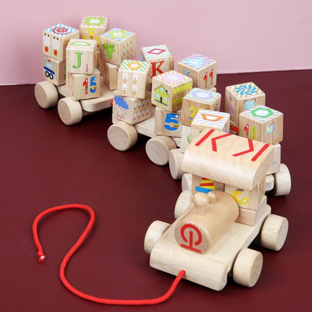 Wooden Train Building Blocks Set Wooden Stacking Alphabet Blocks Push and Pull Train