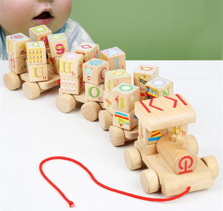 Wooden Train Building Blocks Set Wooden Stacking Alphabet Blocks Push and Pull Train