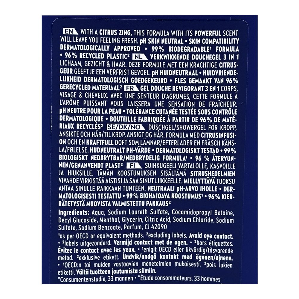 Nivea Men Power 24H Fresh Effect 3-In-1 Shower Gel, For Body, Face & Hair, 250ml - Image 3
