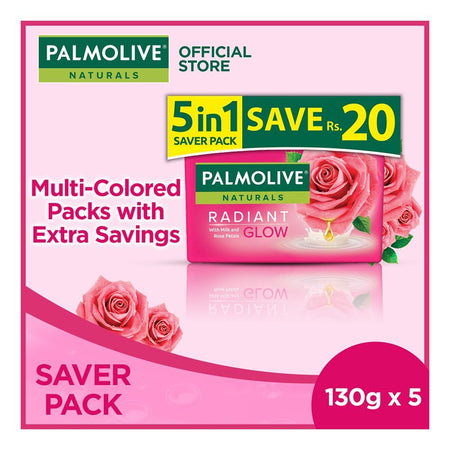 Palmolive Naturals Radiant Glow Milk & Rose Soap, 5 x 130g, 5-In-1 Saver Pack - Main Image