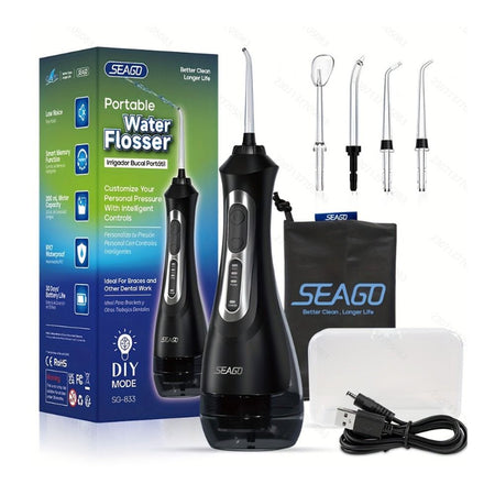 Seago Smart Water Rechargeable Dental Flosser/Irrigator Cordless USB, 3 Cleaning Modes, 5 Jet Tips, IPX7 Waterproof, Travel Bag, Black, SG-833 - Main Image