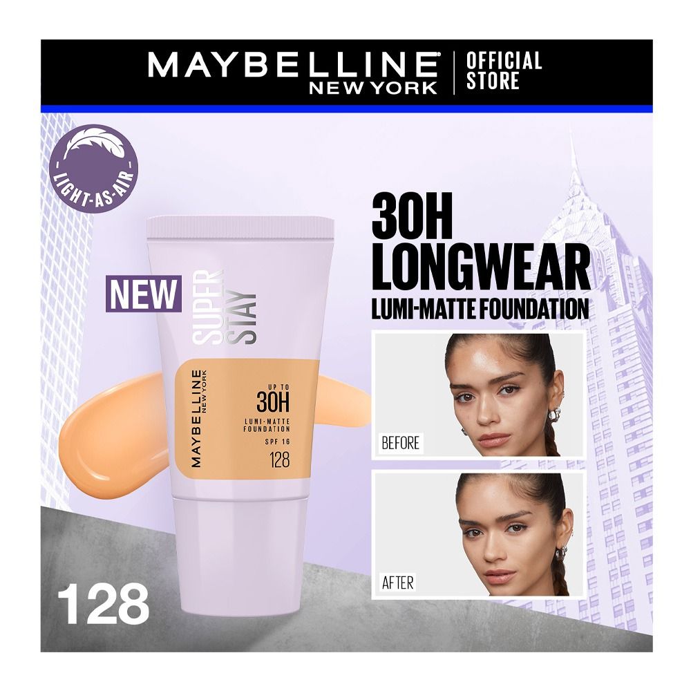 Maybelline New York Superstay Upto 30H Lumi-Matte SPF-16 Foundation, Water & Sweat-Proof, 128, 18ml - Main Image