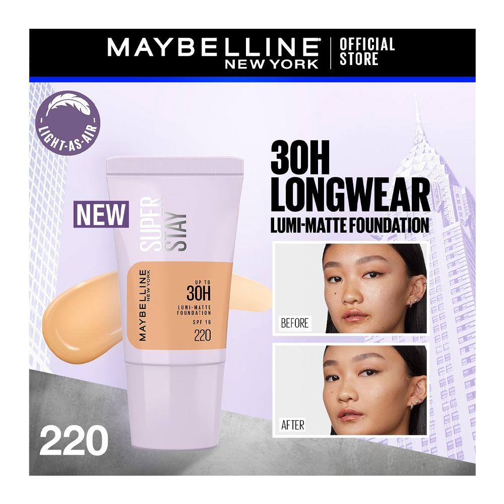 Maybelline New York Superstay Upto 30H Lumi-Matte SPF-16 Foundation, Water & Sweat-Proof, 220, 18ml - Main Image