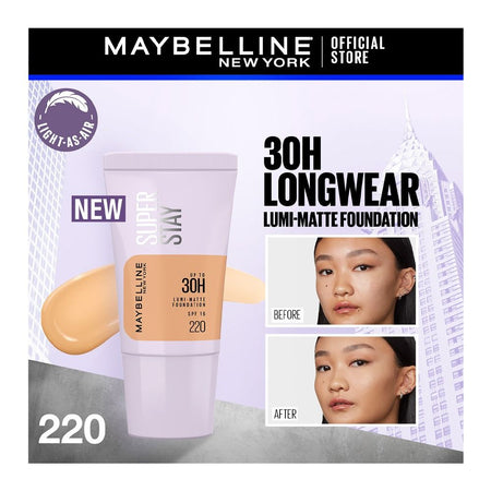 Maybelline New York Superstay Upto 30H Lumi-Matte SPF-16 Foundation, Water & Sweat-Proof, 220, 18ml - Main Image