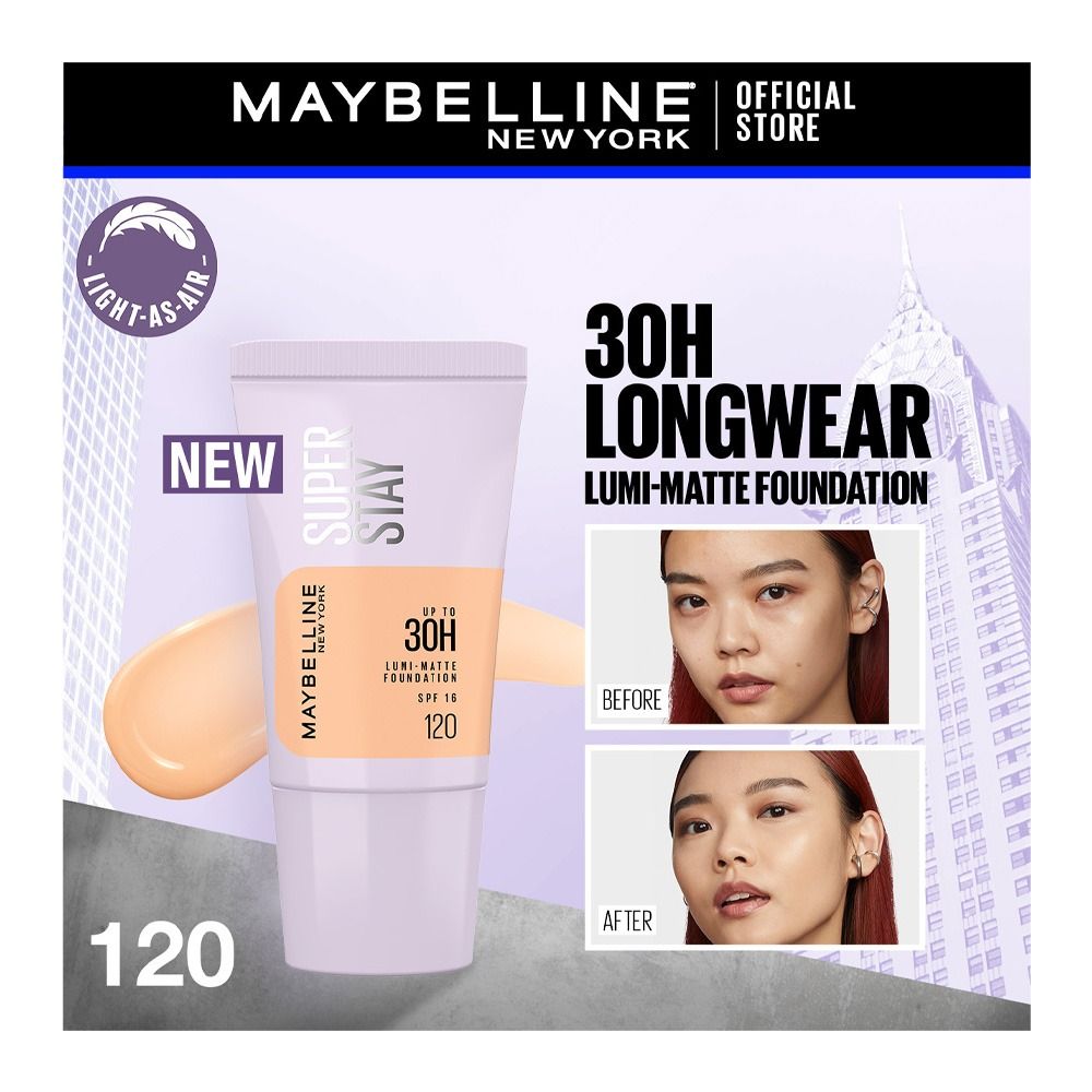 Maybelline New York Superstay Upto 30H Lumi-Matte SPF-16 Foundation, Water & Sweat-Proof, 120, 18ml - Main Image