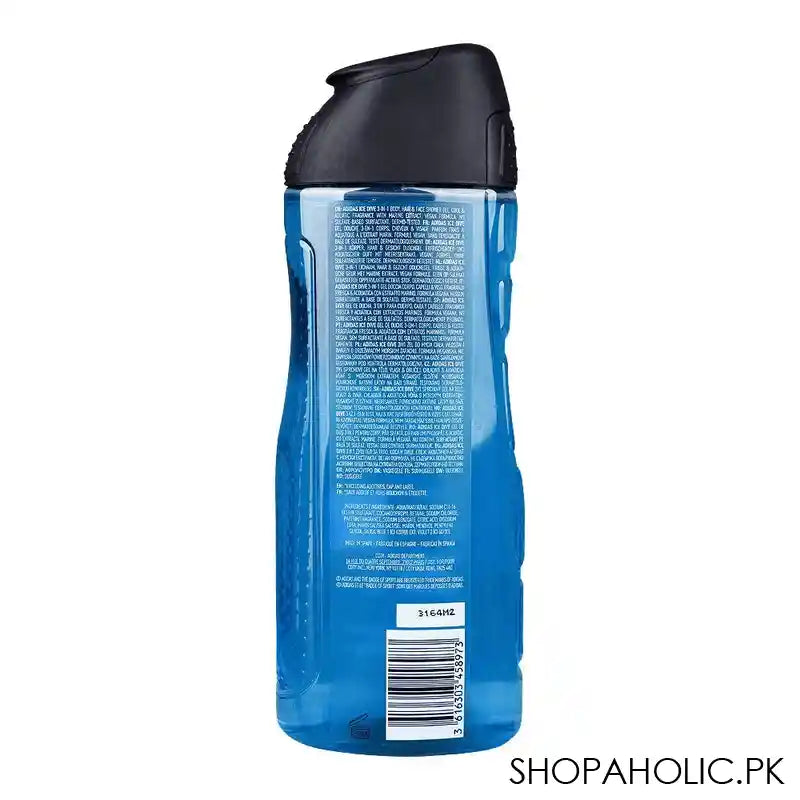 Adidas Ice Dive Cool & Aquatic With Marine Extract 3in1 Body, Hair & Face Shower Gel, 400ml - Image 2