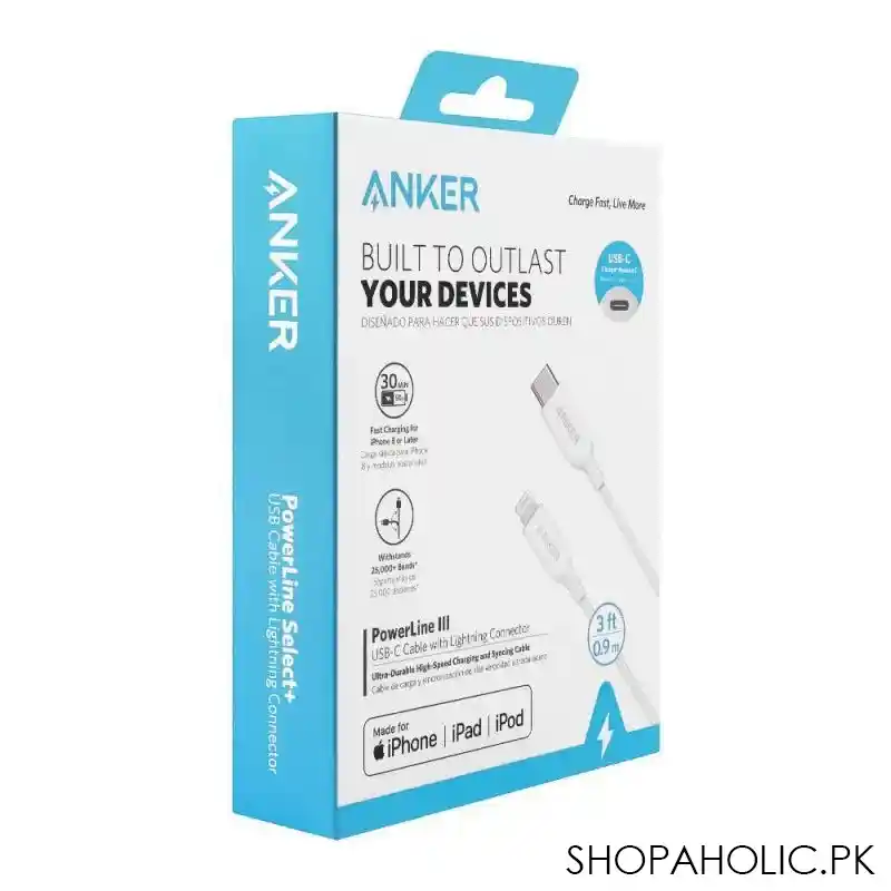 anker power line iii usb c cable with lightning connector, made for iphone, ipad, ipod, white, a8832h21, 3ft (0.9m) image3