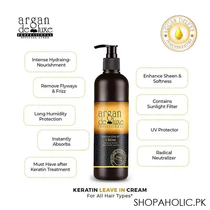 Argan De Luxe Keratin Leave In Cream, Non-Drying & Anti-Frizz, 240ml - Image 4