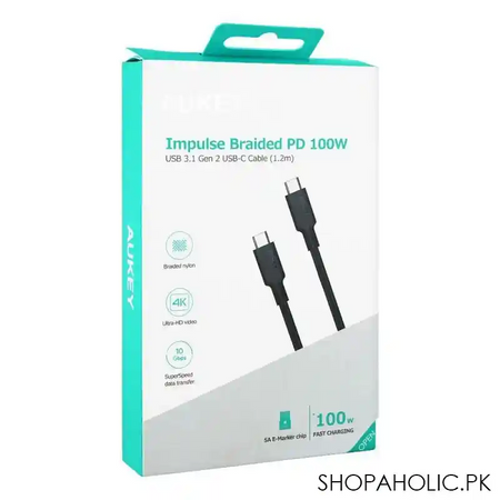 aukey impulse braided pd 100w usb 3.1 gen 2 usb c cable, 1.2m, black, cb cd21 image3