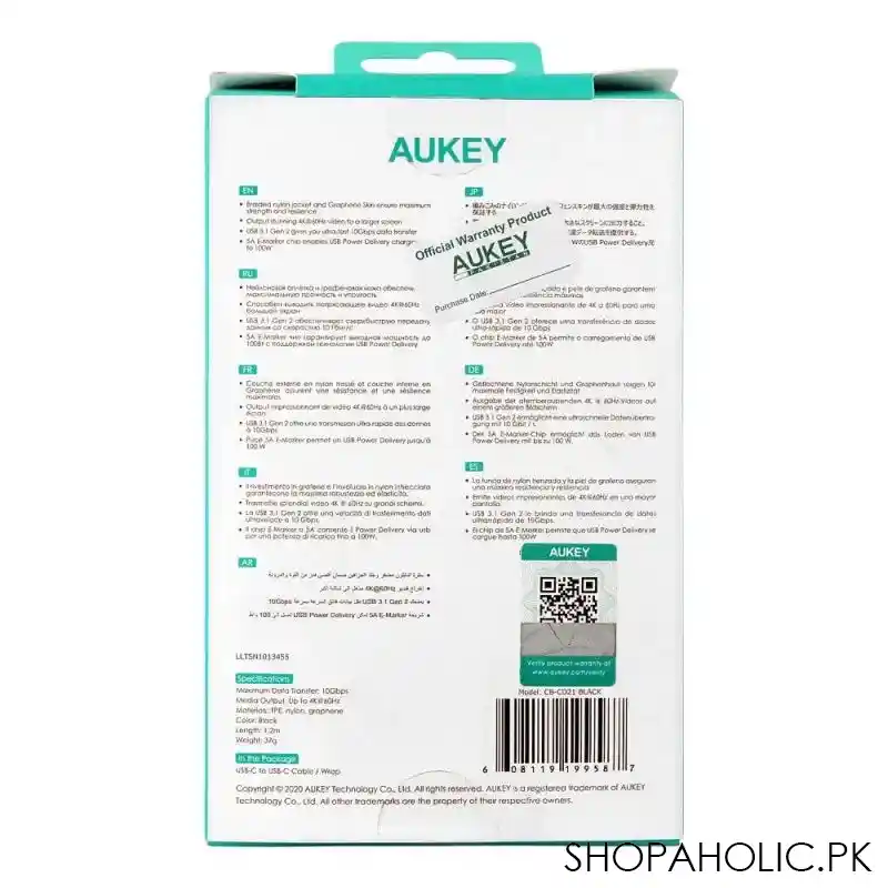 aukey impulse braided pd 100w usb 3.1 gen 2 usb c cable, 1.2m, black, cb cd21 image4