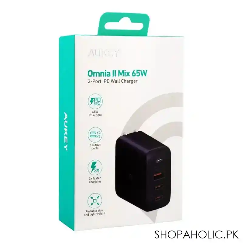 aukey omnia ii mix 65w 3 port pd wall charger, black, pa b6t image2