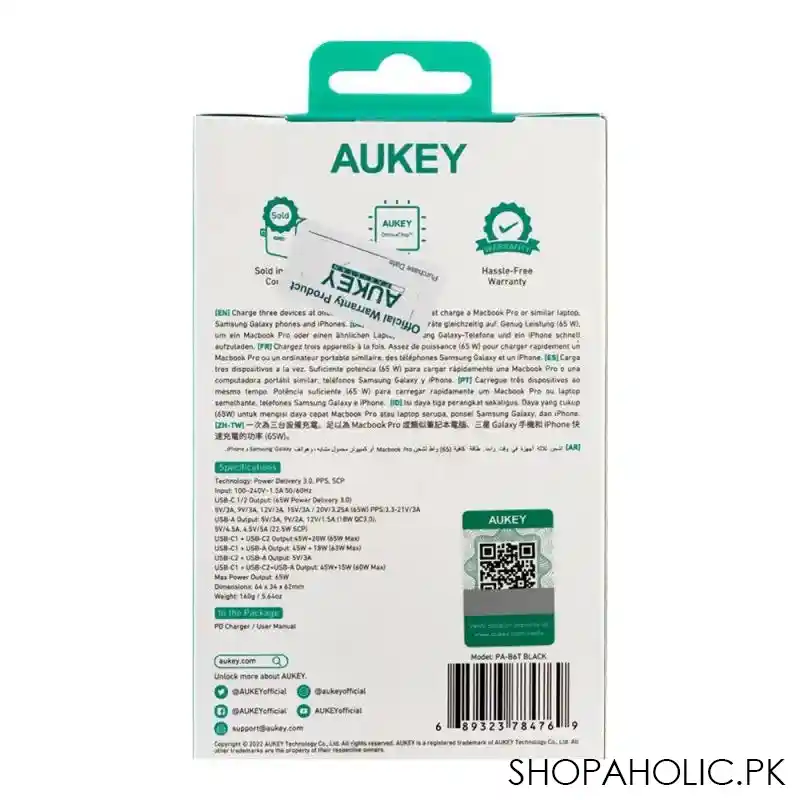 aukey omnia ii mix 65w 3 port pd wall charger, black, pa b6t image3